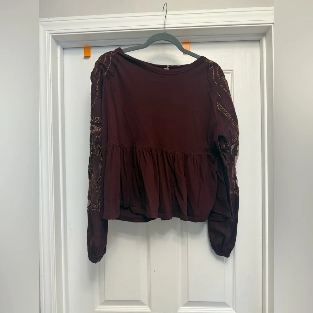 Free People Red Wine Embroidered Penny Tee Mesh Balloon Sleeve Top Size S